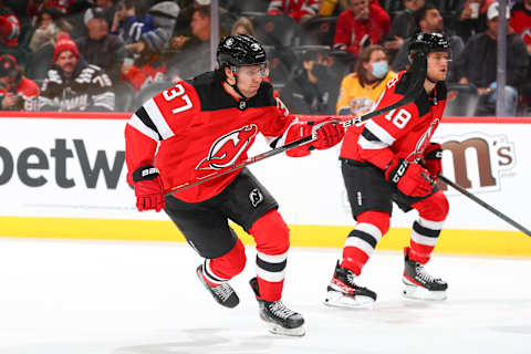 Pavel Zacha #37 of the New Jersey Devils. (Photo by Rich Graessle/Getty Images)