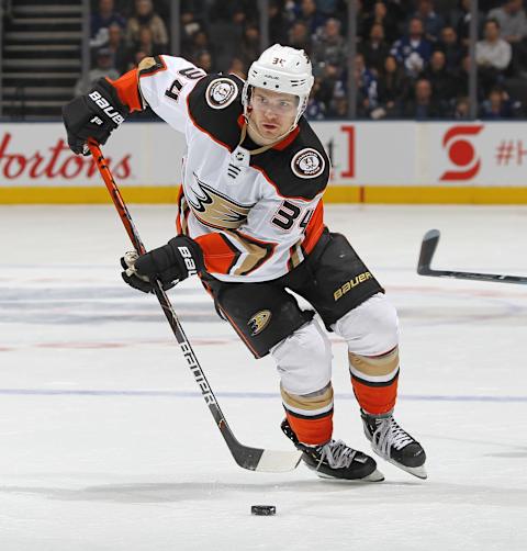 Sam Steel #34 of the Anaheim Ducks (Photo by Claus Andersen/Getty Images)