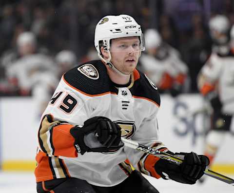 LOS ANGELES, CALIFORNIA – SEPTEMBER 23: Max Jones #49 of the Anaheim Ducks on the forecheck during a preseason game against the Los Angeles Kings at Staples Center on September 23, 2019, in Los Angeles, California. (Photo by Harry How/Getty Images)