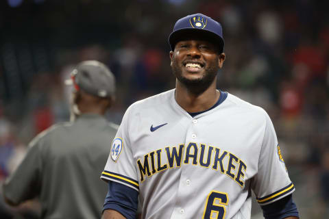 Jul 30, 2021; Atlanta, Georgia, USA; Milwaukee Brewers outfielder Lorenzo Cain (6) reacts after the win against the Atlanta Braves at Truist Park. Mandatory Credit: Jason Getz-USA TODAY Sports