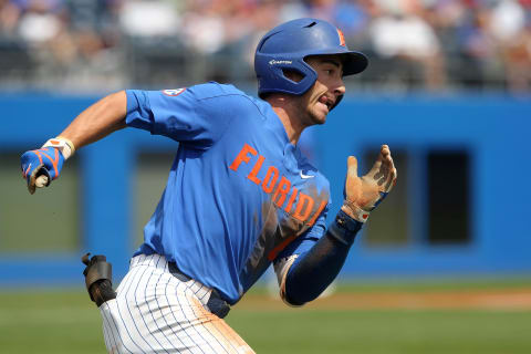 GAINESVILLE, FL – MARCH 25: Jonathan Inndia (6) of the Gators hustles to second base for a double during the college baseball game between the Arkansas Razorbacks and the Florida Gators on March 25, 2018 at Alfred A. MccKethan Stadium in Gainesville, Florida. (Photo by Cliff Wellch/Icon Sportswire via Getty Images)