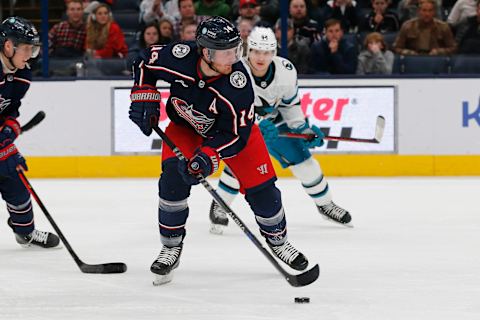 Jan 21, 2023; Columbus, Ohio, USA; Columbus Blue Jackets center Gustav Nyquist (14) looks to pass against the San Jose Sharks during the first period at Nationwide Arena. Mandatory Credit: Russell LaBounty-USA TODAY Sports