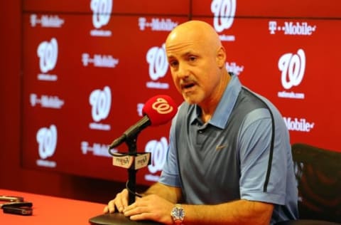 Sep 28, 2015; Washington, DC, USA; Washington Nationals general manager Mike Rizzo addresses the media after the game between the Washington Nationals and the Cincinnati Reds at Nationals Park. Mandatory Credit: Brad Mills-USA TODAY Sports