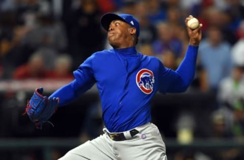 Nov 2, 2016; Cleveland, OH, USA; Chicago Cubs relief pitcher Aroldis Chapman throws a pitch against the Cleveland Indians in the 8th inning in game seven of the 2016 World Series at Progressive Field. Mandatory Credit: Tommy Gilligan-USA TODAY Sports