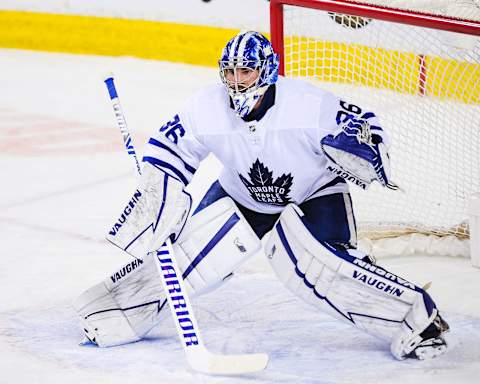 CALGARY, AB – JANUARY 24: Jack Campbell #36 of the Toronto Maple Leafs  (Photo by Derek Leung/Getty Images)