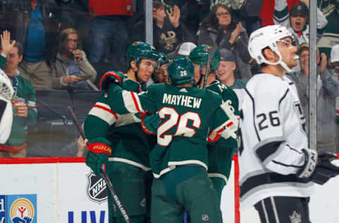 SAINT PAUL, MN – OCTOBER 26: (L-R) Victor Rask #49, Matt Dumba #24, Gerald Mayhew #26 and Ryan Donato #6 of the Minnesota Wild celebrate after scoring a goal against the Los Angeles Kings during the game at the Xcel Energy Center on October 26, 2019, in Saint Paul, Minnesota. (Photo by Bruce Kluckhohn/NHLI via Getty Images)