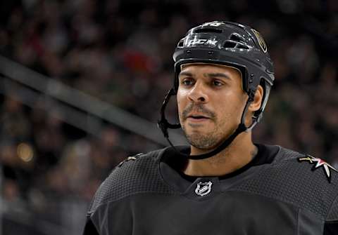 Ryan Reaves of the Vegas Golden Knights skates on the ice during a stop in play in the first period of a game against the New Jersey Devils at T-Mobile Arena on March 3, 2020.