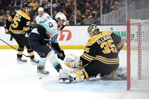 BOSTON, MASSACHUSETTS – JANUARY 12: Brandon Tanev, #13 of the Seattle Kraken, takes a shot against Linus Ullmark, #35 of the Boston Bruins, during the second period at TD Garden on January 12, 2023, in Boston, Massachusetts. (Photo by Maddie Meyer/Getty Images)