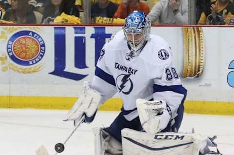 May 22, 2016; Pittsburgh, PA, USA; Tampa Bay Lightning goalie Andrei Vasilevskiy (88) makes a save against the Pittsburgh Penguins during the third period in game five of the Eastern Conference Final of the 2016 Stanley Cup Playoffs at the CONSOL Energy Center. Tampa Bay won 4-3 in overtime to take a three games to two lead in the series. Mandatory Credit: Charles LeClaire-USA TODAY Sports