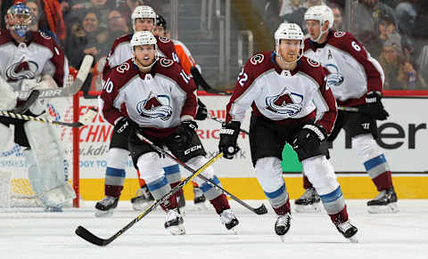 PHILADELPHIA, PA – OCTOBER 22: Colin Wilson #22 and Sven Andrighetto #10 of the Colorado Avalanche skate with teammates against the Philadelphia Flyers on October 22, 2018 at the Wells Fargo Center in Philadelphia, Pennsylvania. (Photo by Len Redkoles/NHLI via Getty Images)