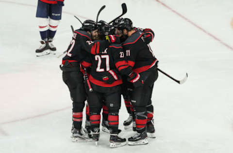 RALEIGH, NC – APRIL 22: Carolina Hurricanes Center Jordan Staal (11) celebrates with teammates after scoring the game-winning goal in the third period during a game between the Carolina Hurricanes and the Washington Capitals on April 22, 2019 at the PNC Arena in Raleigh, NC. (Photo by Greg Thompson/Icon Sportswire via Getty Images)