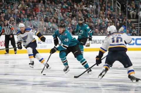 SAN JOSE, CA – MAY 19: Timo Meier #28 of the San Jose Sharks skates ahead with the puck against the St. Louis Blues in Game 5 of the Western Conference Final during the 2019 NHL Stanley Cup Playoffs at SAP Center on May 19, 2019 in San Jose, California (Photo by Kavin Mistry/NHLI via Getty Images)