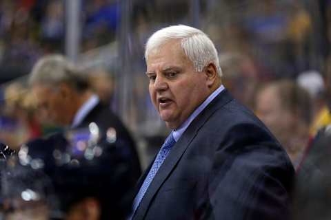 KANSAS CITY, MO – OCTOBER 05: Head coach Ken Hitchcock of the St. Louis Blues watches from the bench during the preseason game against Washington Capitals at Sprint Center on October 5, 2016 in Kansas City, Missouri. (Photo by Jamie Squire/Getty Images)