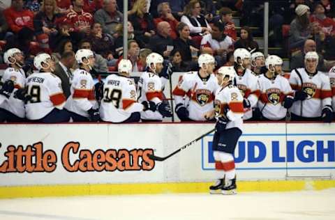 NHL Power Rankings: Florida Panthers center Jonathan Marchessault (81) celebrates his goal during the first period against Detroit Red Wings at Joe Louis Arena. Mandatory Credit: Tim Fuller-USA TODAY Sports