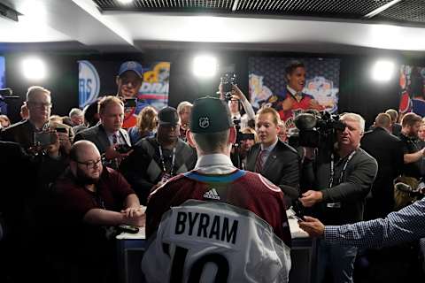 VANCOUVER, BRITISH COLUMBIA – JUNE 21: Bowen Byram speaks to the media after being selected fourth overall by the Colorado Avalanche during the first round of the 2019 NHL Draft at Rogers Arena on June 21, 2019 in Vancouver, Canada. (Photo by Rich Lam/Getty Images)