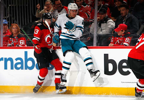 San Jose Sharks, Timo Meier, New Jersey Devils. (Photo by Bruce Bennett/Getty Images)