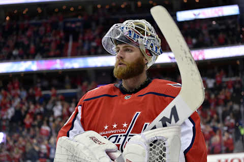 WASHINGTON, DC – APRIL 04: Washington Capitals goalie Braden Holtby (70) rests during a stoppage in play during the Montreal Canadiens vs. Washington Capitals NHL hockey game April 4, 2019 at Capital One Arena in Washington, D.C.. (Photo by Randy Litzinger/Icon Sportswire via Getty Images)