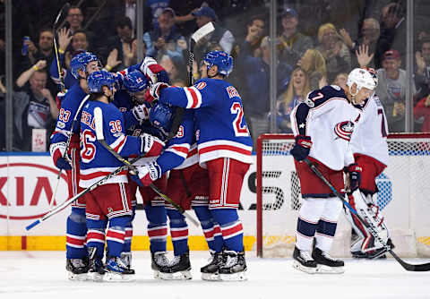 NEW YORK, NY – NOVEMBER 06: The New York Rangers celebrate the game winning power play goal by Pavel Buchnevich