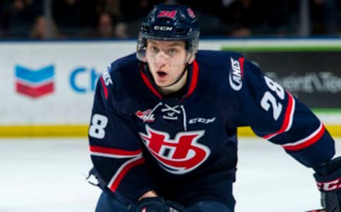 KELOWNA, BC – MARCH 7: Alex Cotton #28 of the Lethbridge Hurricanes skates during second period against the Kelowna Rockets at Prospera Place on March 7, 2020 in Kelowna, Canada. (Photo by Marissa Baecker/Getty Images )