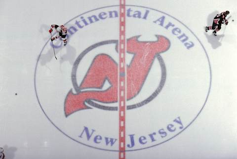 Overhead view of New Jersey Devils logo. (Photo by M. David Leeds/Getty Images)