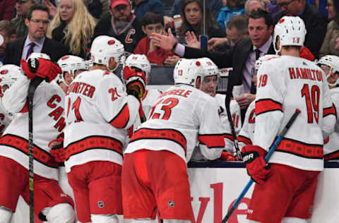 COLUMBUS, OH – OCTOBER 24: Head Coach Rod Brind’Amour of the Carolina Hurricanes talks to his team during a game against the Columbus Blue Jackets on October 24, 2019 at Nationwide Arena in Columbus, Ohio. (Photo by Jamie Sabau/NHLI via Getty Images)