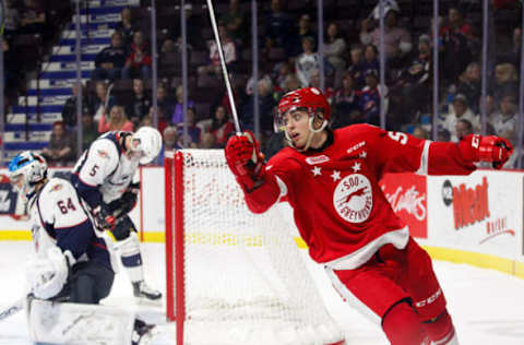 WINDSOR, ON – OCTOBER 05: Forward Jack Kopacka #52 of the Sault Ste. Marie Greyhounds celebrates the game-tying goal against the Windsor Spitfires on October 5, 2017. (Photo by Dennis Pajot/Getty Images)