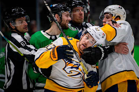 Dallas Stars center Jason Dickinson (18) and Viktor Arvidsson. Mandatory Credit: Jerome Miron-USA TODAY Sports