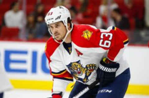 Oct 13, 2015; Raleigh, NC, USA; Florida Panthers forward Dave Bolland (63) looks on against the Carolina Hurricanes at PNC Arena. The Florida Panthers defeated the Carolina Hurricanes 4-1. Mandatory Credit: James Guillory-USA TODAY Sports