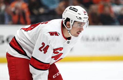 ANAHEIM, CALIFORNIA – NOVEMBER 18: Seth Jarvis #24 of the Carolina Hurricanes looks on during the third period of a game against the Anaheim Ducks at Honda Center on November 18, 2021, in Anaheim, California. (Photo by Sean M. Haffey/Getty Images)