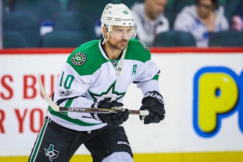 Mar 17, 2017; Calgary, Alberta, CAN; Dallas Stars left wing Patrick Sharp (10) skates during the warmup period against the Calgary Flames at Scotiabank Saddledome. Mandatory Credit: Sergei Belski-USA TODAY Sports