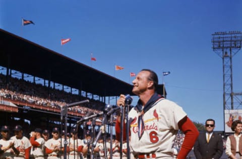 (Original Caption) St. Louis, Mo.: Stan Musial is at the microphone during Stan Musial Day Ceremonies in Busch Stadium prior to his appearance in the last game of his career.