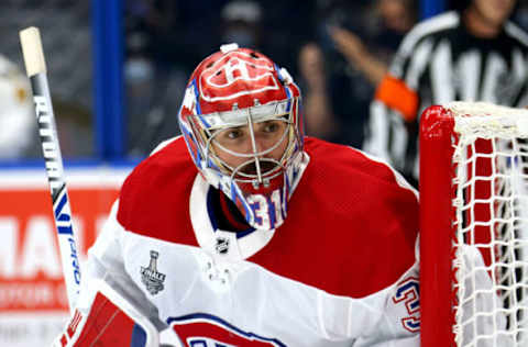 TAMPA, FLORIDA – JUNE 28: Carey Price #31 of the Montreal Canadiens watches the play against the Tampa Bay Lightning during the second period in Game One of the 2021 NHL Stanley Cup Final at Amalie Arena on June 28, 2021 in Tampa, Florida. (Photo by Bruce Bennett/Getty Images)