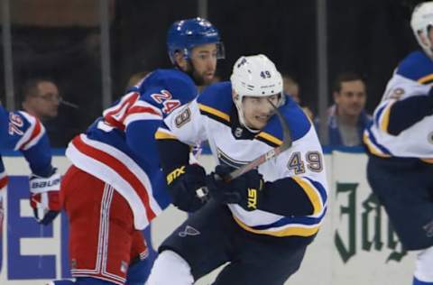 NEW YORK, NEW YORK – MARCH 29: Ivan Barbashev #49 of the St. Louis Blues skates against the New York Rangers at Madison Square Garden on March 29, 2019, in New York City. The Rangers defeated the Blues 4-2. (Photo by Bruce Bennett/Getty Images)