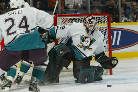 2004 Season: Mighty Ducks of Anaheim at Edmonton Oilers, February 2, 2004 And Player Martin Gerber. (Photo by Bruce Bennett Studios via Getty Images Studios/Getty Images)