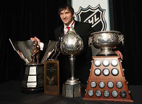 June 12, 2008, Alex Ovechkin of the Washington Capitals wins the, from left to right, Maurice ‘Rocket’ Richard Trophy Awarded to the top goal scorer in the regular season, Lester B. Pearson Award Awarded to the NHL’s outstanding player as selected by the members of the NHL Players Association, Hart Memorial Trophy Awarded to the league’s most valuable player and Art Ross Trophy Awarded to the player who leads the league in total points at the end of the regular season at the 2008 NHL awards at the Elgin Theatre in Toronto. Toronto Star/Steve Russell (Photo by Steve Russell/Toronto Star via Getty Images)