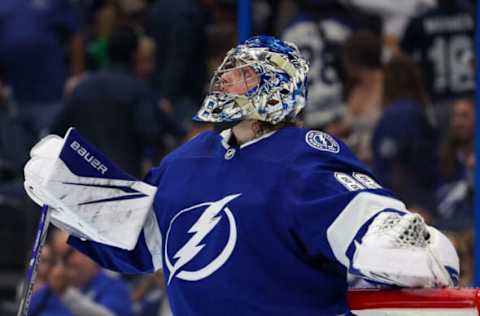 Apr 29, 2023; Tampa, Florida, USA; Tampa Bay Lightning goaltender Andrei Vasilevskiy (88) reacts after losing to the Toronto Maple Leafs in overtime during game six of the first round of the 2023 Stanley Cup Playoffs at Amalie Arena. Mandatory Credit: Nathan Ray Seebeck-USA TODAY Sports