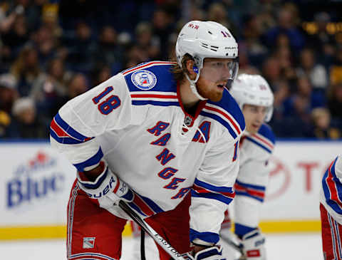 Dec 1, 2016; Buffalo, NY, USA; New York Rangers defenseman Marc Staal (18) against the Buffalo Sabres at KeyBank Center. Mandatory Credit: Timothy T. Ludwig-USA TODAY Sports