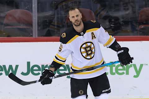 May 4, 2021; Newark, New Jersey, USA; Boston Bruins center Davd Krejci (46) during warm-ups before the game against the New Jersey Devils at Prudential Center. Mandatory Credit: Vincent Carchietta-USA TODAY Sports