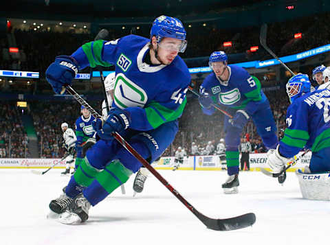 Quinn Hughes #43 of the Vancouver Canucks (Photo by Jeff Vinnick/NHLI via Getty Images)