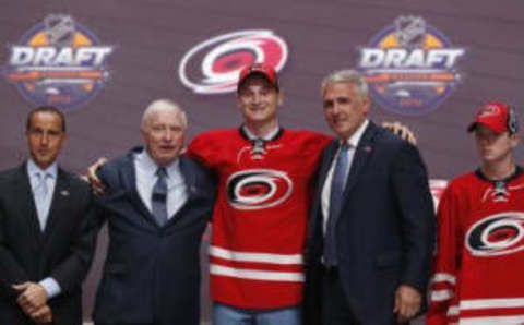 Jun 24, 2016; Buffalo, NY, USA; Julien Gauthier poses for a photo after being selected as the number twenty-one overall draft pick by the Carolina Hurricanes in the first round of the 2016 NHL Draft at the First Niagra Center. Mandatory Credit: Timothy T. Ludwig-USA TODAY Sports