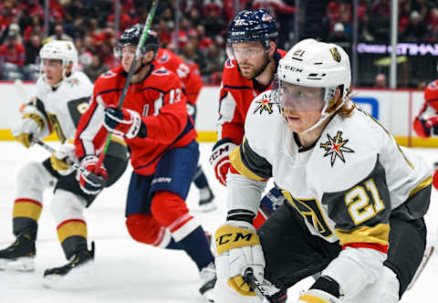 WASHINGTON, DC – NOVEMBER 09: Vegas Golden Knights center Cody Eakin (21) skates against the Washington Capitals in the first period on November 9, 2019, at the Capital One Arena in Washington, D.C. (Photo by Mark Goldman/Icon Sportswire via Getty Images)