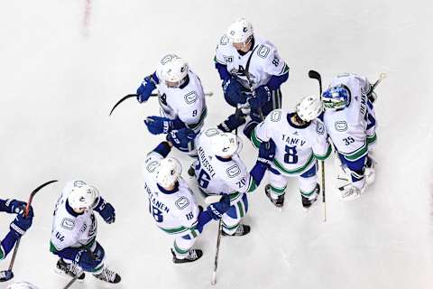 Vancouver Canucks Goalie Thatcher Demko (35) and team (Photo by Brett Holmes/Icon Sportswire via Getty Images)