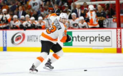 Oct 30, 2016; Raleigh, NC, USA; Philadelphia Flyers defensemen Shayne Gostisbehere (53) looks to take a shot against the Carolina Hurricanes at PNC Arena. The Philadelphia Flyers defeated the Carolina Hurricanes 4-3. Mandatory Credit: James Guillory-USA TODAY Sports