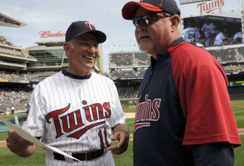 MINNEAPOLIS, MN – SEPTEMBER 5: Former MLB player Frank Quilici speaks with manager Ron Gardenhire #35 of the Minnesota Twins during the Minnesota Twins Legends game prior to a game between the Texas Rangers and the Minnesota Twins on September 5, 2010 at Target Field in Minneapolis, Minnesota. The Twins won 6-5. (Photo by Hannah Foslien/Getty Images)