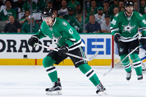 DALLAS, TX – MAY 7: Valeri Nichushkin #43 of the Dallas Stars skates against the St. Louis Blues in Game Five of the Western Conference Second Round during the 2016 NHL Stanley Cup Playoffs at the American Airlines Center on May 7, 2016 in Dallas, Texas. (Photo by Glenn James/NHLI via Getty Images)