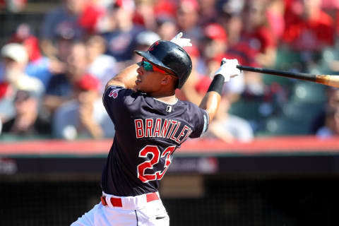 CLEVELAND, OH – OCTOBER 08: Cleveland Indians left fielder Michael Branntley (23) hits a sacrifice fly to drive in a run during the third inning of the American League Divisional Series Game 3 between the Houston Astros and Cleveland Indians on October 8, 2018, at Progressive Field in Cleveland, OH. Houston defeated Cleveland 11-3 to win the series 3 games to none. (Photo by Frank Jansky/Icon Sportswire via Getty Images)