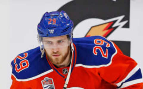 Apr 14, 2017; Edmonton, Alberta, CAN; Edmonton Oilers forward Leon Draisaitl (29) skates during warmup against the San Jose Sharks in game two of the first round of the 2017 Stanley Cup Playoffs at Rogers Place. Mandatory Credit: Perry Nelson-USA TODAY Sports