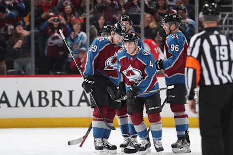 DENVER, CO – DECEMBER 18: Tyson Barrie #4 of the Colorado Avalanche celebrates a goal against the Pittsburgh Penguins with teammates Mikko Rantanen #96 and Nathan MacKinnon #29 at the Pepsi Center on December 18, 2017 in Denver, Colorado. (Photo by Michael Martin/NHLI via Getty Images)