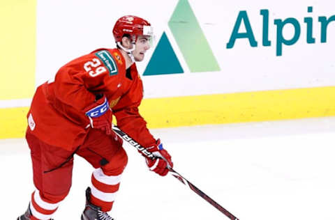 VANCOUVER , BC – JANUARY 5: Kirill Slepets #29 of Russia skates against Switzerland during a bronze medal game at the IIHF World Junior Championships at Rogers Arena on January 5, 2019 in Vancouver, British Columbia, Canada. (Photo by Kevin Light/Getty Images)