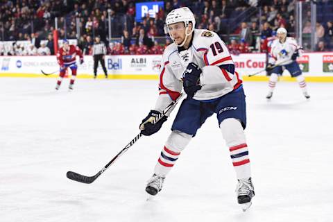 LAVAL, QC – APRIL 06: Springfield Thunderbirds center Jake Horton (19) waits for a pass during the Springfield Thunderbirds versus the Laval Rocket game on April 6, 2018, at Place Bell in Laval, QC (Photo by David Kirouac/Icon Sportswire via Getty Images)